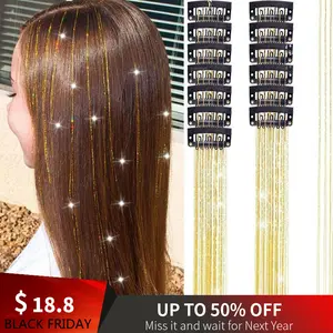 Hair Tinsel 20 Inch Golden Glitter Tinsel Hair Extensions, Festival Tinsel Fairy Hair Extension Party Dazzle Hair Accessories Strands Kit (6Pcs,Golden#)