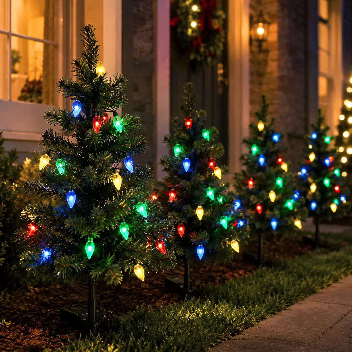 Upgraded 4pcs sets of 36.22Inch solar Christmas tree lights with 80 strawberry decorations colorful garden passage light, suitable for outdoor courtyards lawns holiday activities atmosphere Party Lights Outdoor Ornaments, featuring a waterproof design