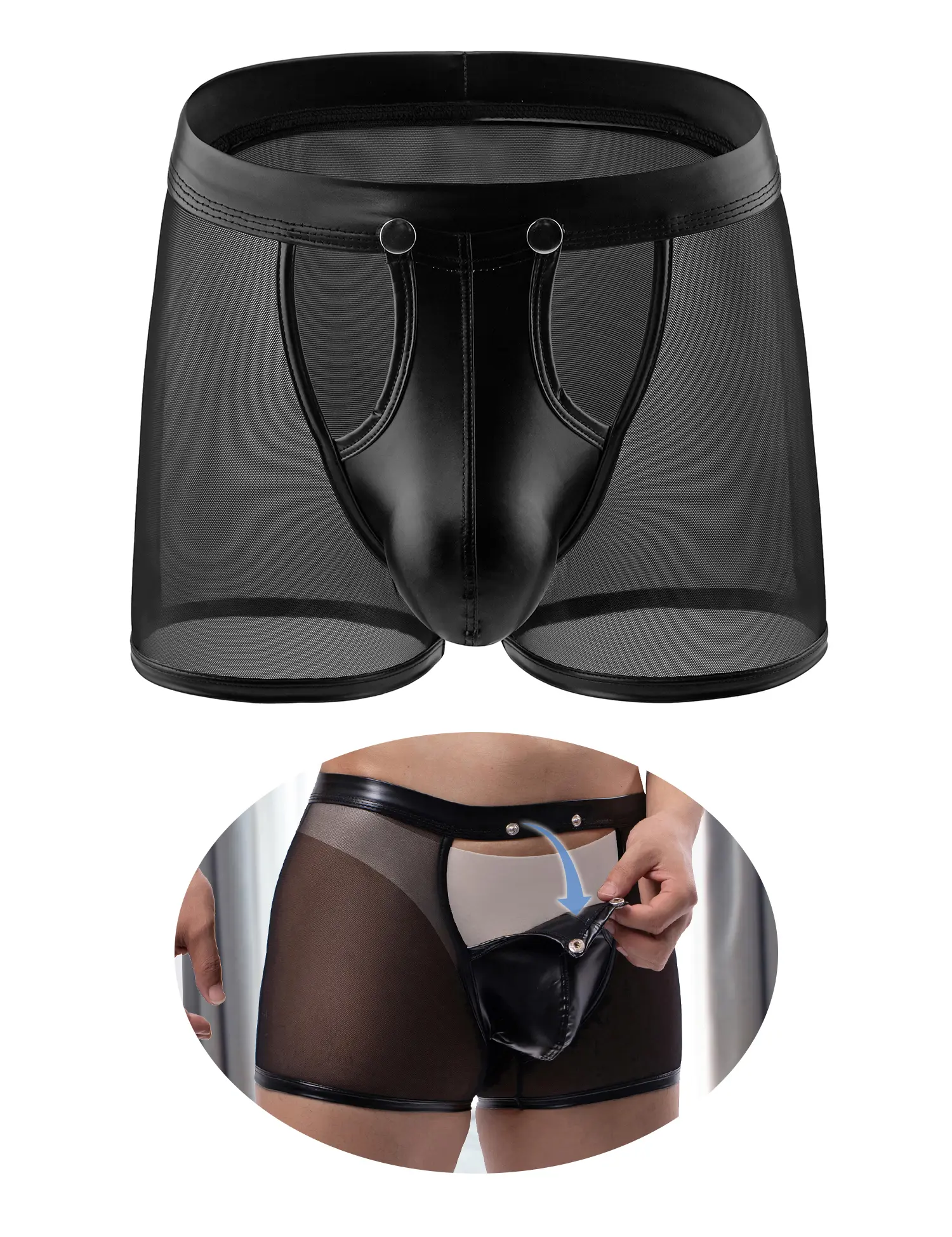 Mens Lingerie Sexy Underwear Naughty with Removable Pouch | Leather Boxer Briefs, See Through Exotic Apparel, Sissy Clothes, Sexy Sheer Boxer Briefs Underwater for Punk Goth Rave Performance Outfit Breathable Red and Black Mesh Shorts Pants Menswear