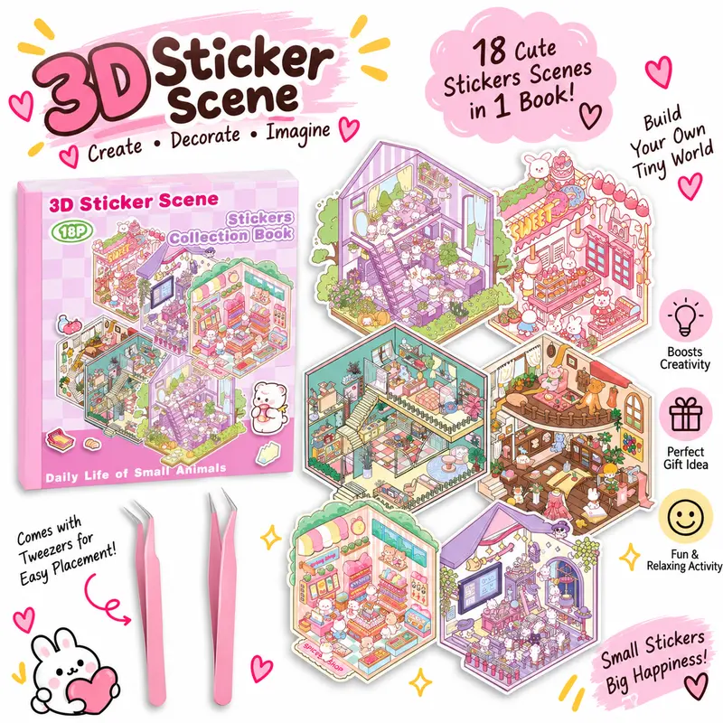 Christmas Gift DIY 3D Sticker Scene Collection Book for Stress Relief - 6 Sets of Make Your Own Mini Shop Scenes Stickers for Girls Kids Adult Sticker Therapy Cute Animal Stickers for Birthday with Tweezers