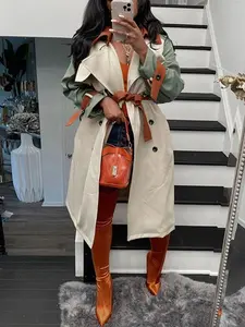 Women's Minimalist Colorblock Double Button Belted Trench Coat, Chic Lapel Neck Long Sleeve Outerwear, Basic Longsleeves Womenswear, Trench Coat WomenGift