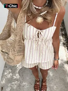 Women's Striped Crop Top & Shorts Set, Casual Sleeveless Fitted, Summer Vacation Wear, Comfortable Two-Piece Ensemble, Womenswear, Striped Sets