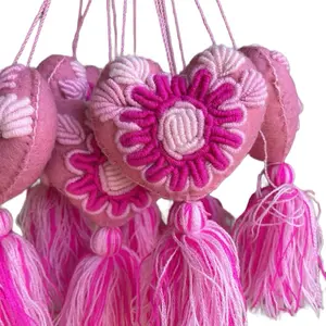 Hand Embroidered Pink Heart Tassle - Casual Accessory for Women - Soft Fabric with Colorful Design and Tassel