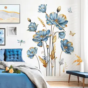 Large Blue Flower Wall Stickers Floral Butterfly   Leaves Wall  Bedroom Living Room Sofa TV Background Wall Decor