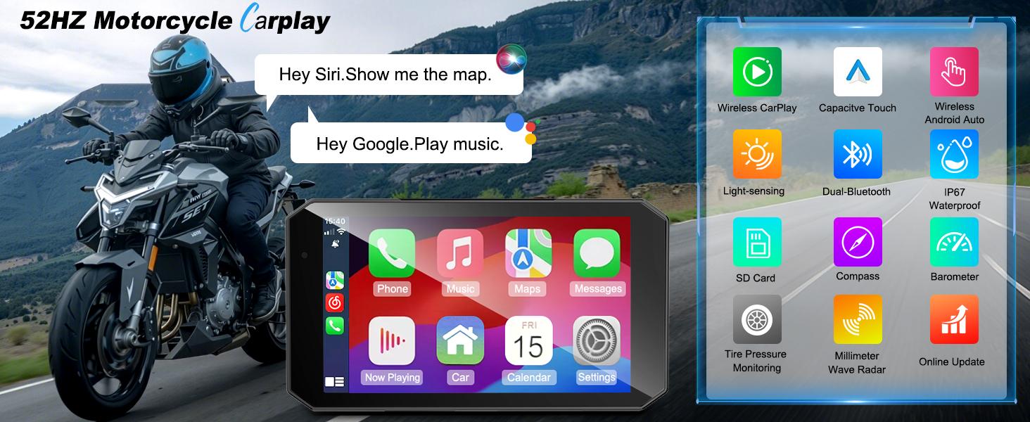 HURRA Motorcycle Carplay Android Auto with 5.5" Waterproof Touchscreen, TPMS, Millimeter Wave Radar, GPS Navigation,Dual 2K Dash Cam,BT,Real-time Alerts,OTA Updates,Quick Release Anti-Theft Mount