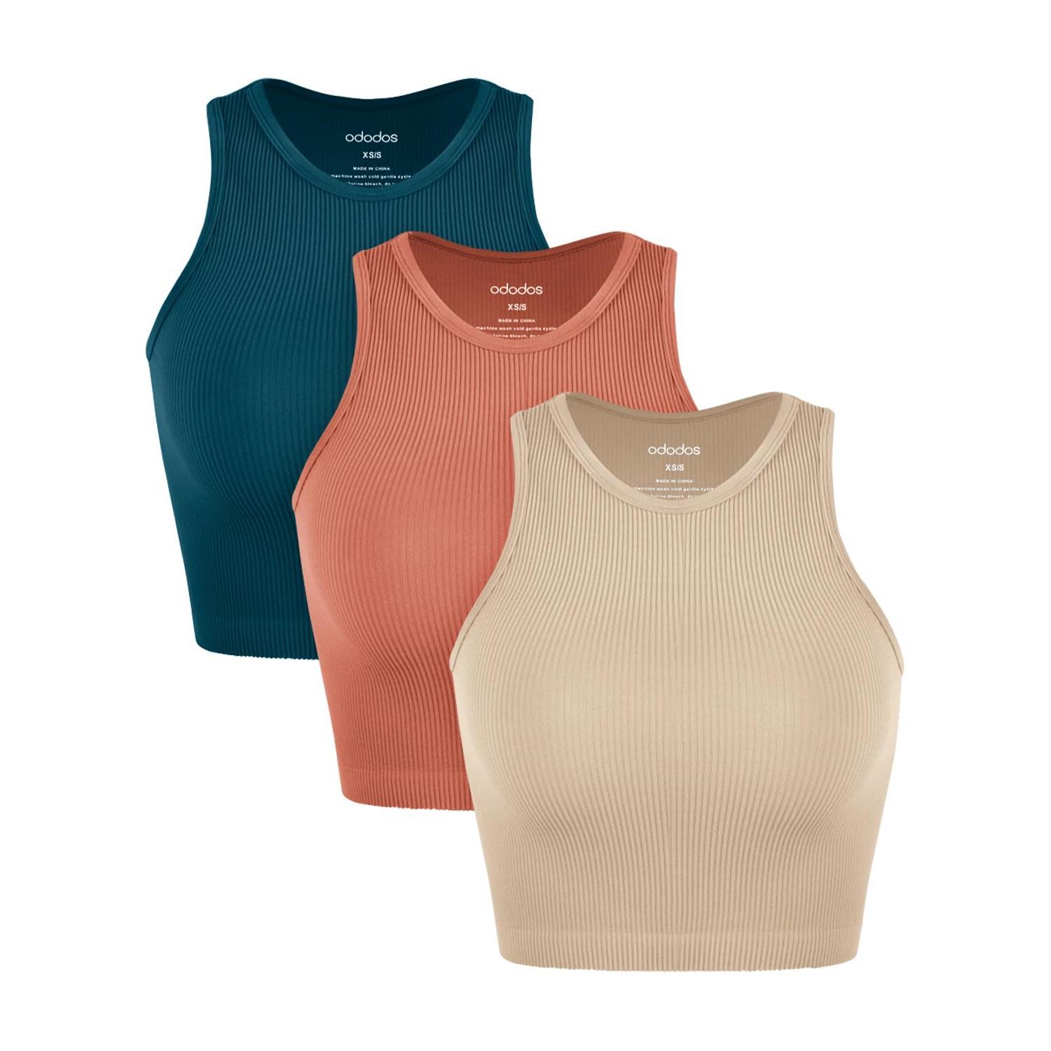 ODODOS 3-Pack Seamless Crop Tank for Women Ribbed Soft High Neck Cropped Tops