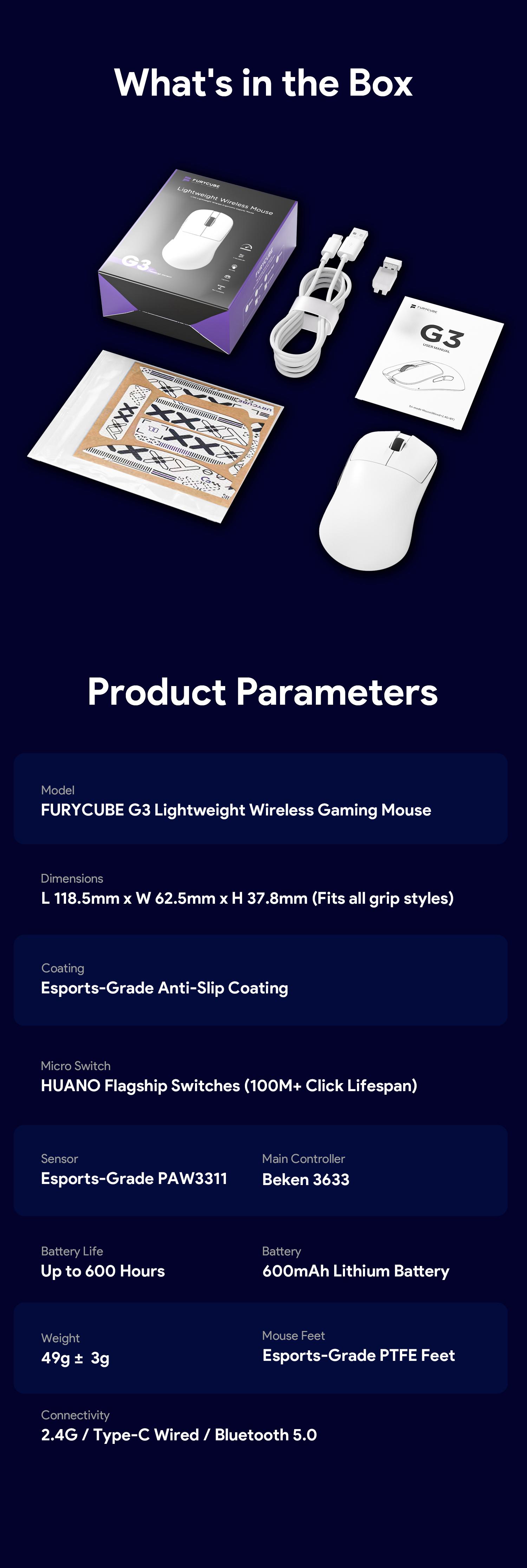 FURYCUBE G3 Lightweight Wireless Gaming Mouse 6 adjustable level DPI UP to 22000 Ergonomically Design 2.4G Bluetooth Long Battery Life Weight 49g Office Gaming Mice【Free Anti-Slip Stickers】auto clicker, gift, ps5 xbox fps games FURYCUBE G3 Lightweight Wireless Gaming Mouse 6 adjustable level DPI UP to 22000 Ergonomically Design 2.4G Bluetooth Long Battery Life Weight 49g Office Gaming Mice【Free Anti-Slip Stickers】auto clicker, gift, ps5 xbox fps games