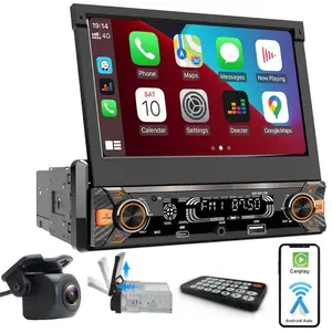 Upgraded 7" 1DIN Car Stereo Motorized Flip Out Touchscreen | Wired Carplay & Android Auto, Bluetooth, Mirror Link, Fast Charger, 30-Band EQ, Backup Camera for Car/Truck/RV/Van/Pickup