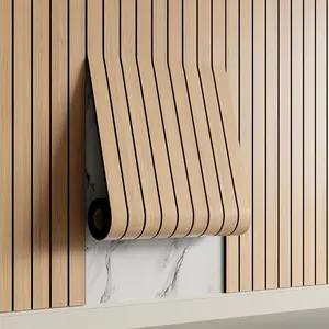 PVC Slat Wall Panel Peel and Stick 118"x 15.7" Faux Wood Slat Panel Artificial Oak Wood Grain Self-Soundproof 3D Wall Panel for and Ceilings