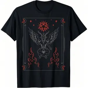 Dark Occult Baphomet Tee, Gothic Satanic Flame Pentagram Shirt