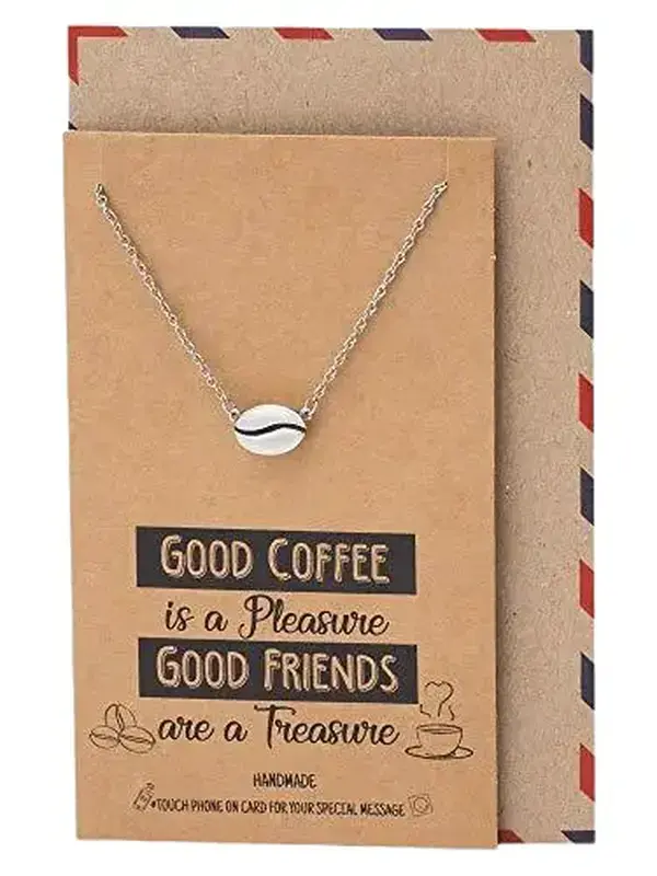 Quan Jewelry Cute Coffee Necklace, Handmade Gifts for Caffeine Coffee Lovers, Featuring Coffee Bean Pendant Charm, Comes with Quote Card, Gifts for Good Friends and Family