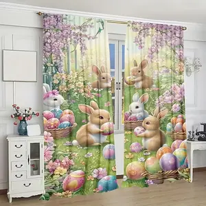 Easter Bunny Print Curtains Set of 2, Fashionable Rod Pocket Window Drapes for Bedroom & Living Room, Comfortable Atmosphere, Easy Installation