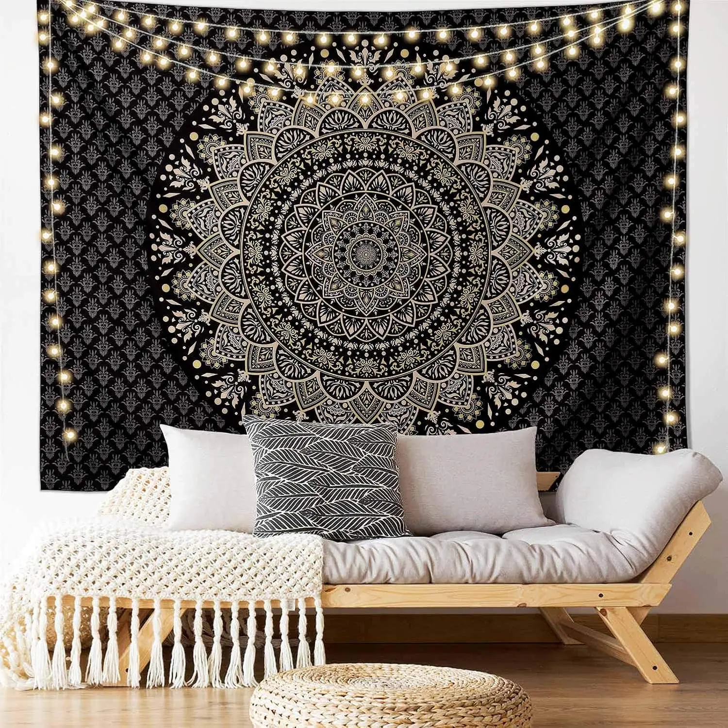 Black gold mandala tapestry tapestry with fantasy medal tapestry aesthetics Indian hippie decoration Bohemian art Bohemian home decoration bedroom, living room, dormitory, 80×60 inches