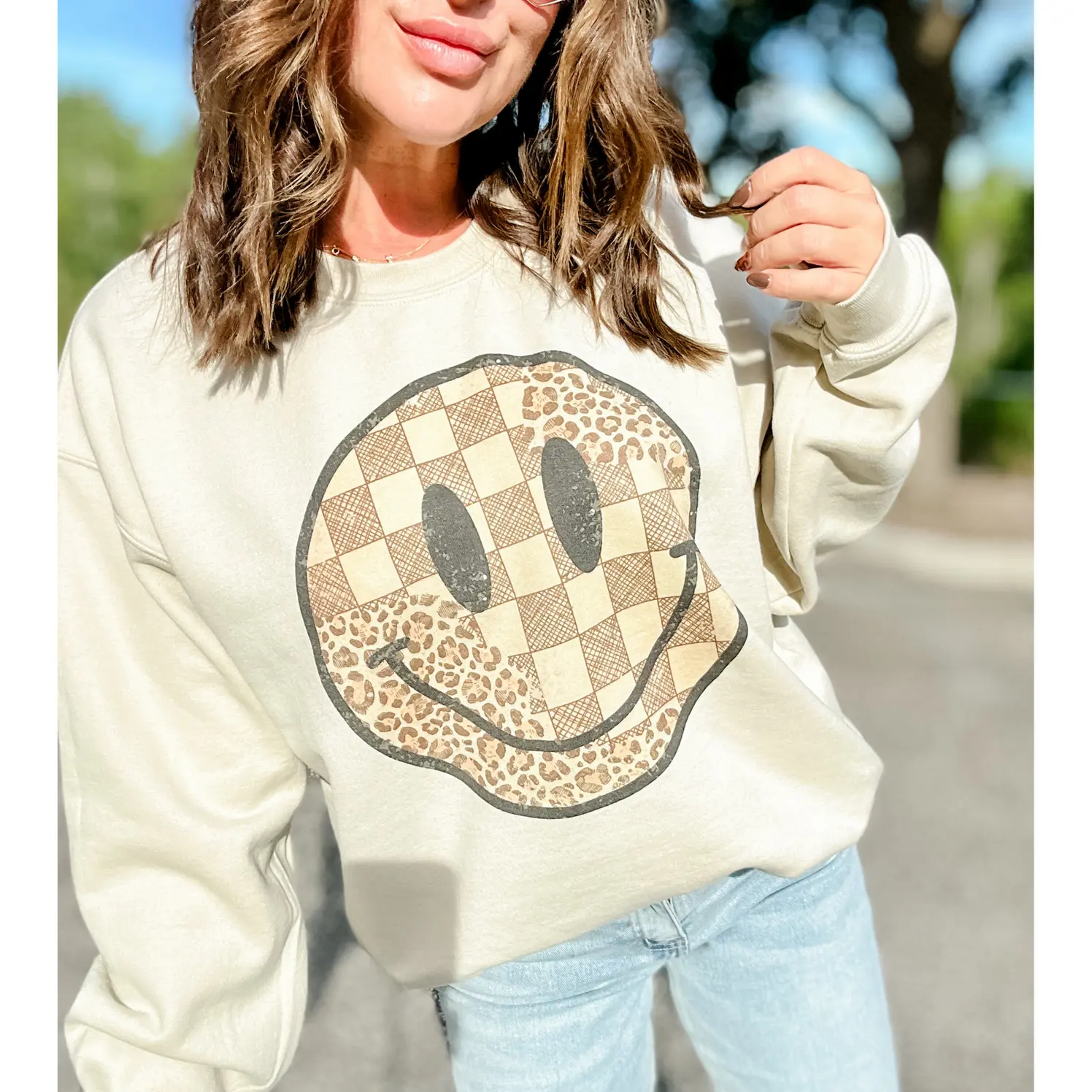 Checker Leopard Smiley Graphic Top