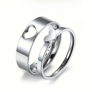 Unisex Stainless Steel Engagement Ring Heart-Shaped Cut Engraved with "I LOVE YOU" Symbolizing Commitment and Eternity