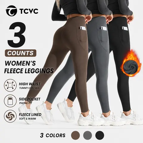 TCVC Winter Women's Leggings Thermal Lined Velvet High Waist Pants with Side Pocket Design Antibacterial Effect Unmarked Edging Comfortable Stretchy Thermal Long Johns Womenswear Solid High Waist Thermal Black Soft Fleece Lined Basic Minimalist - Autumn