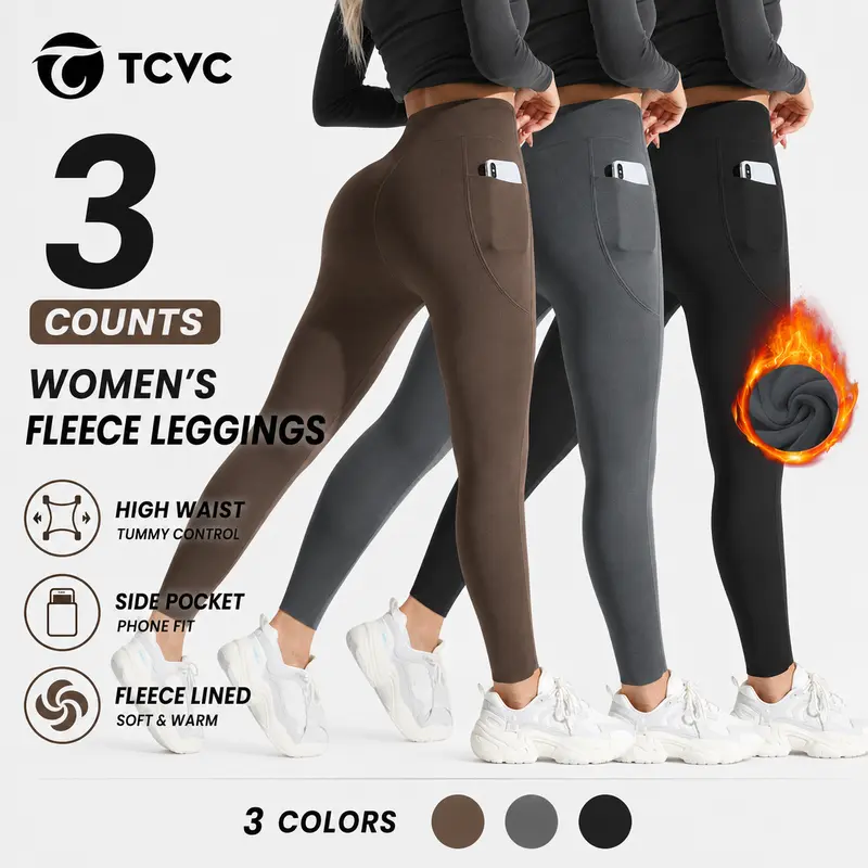 TCVC Winter Women's Leggings Thermal Lined Velvet High Waist Pants with Side Pocket Design Antibacterial Effect Unmarked Edging Comfortable Stretchy Thermal Long Johns Womenswear Solid High Waist Thermal Black Soft Fleece Lined Basic Minimalist - Autumn