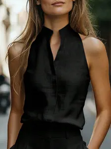 Women's 100% Linen Lightweight Stand Collar Sleeveless Blouse, V-Neck Halter Button Down Shirt, Elegant Office/ Daily/ Vacation Summer Tank Top, Minimalist Solid Linen Casual Streetwear