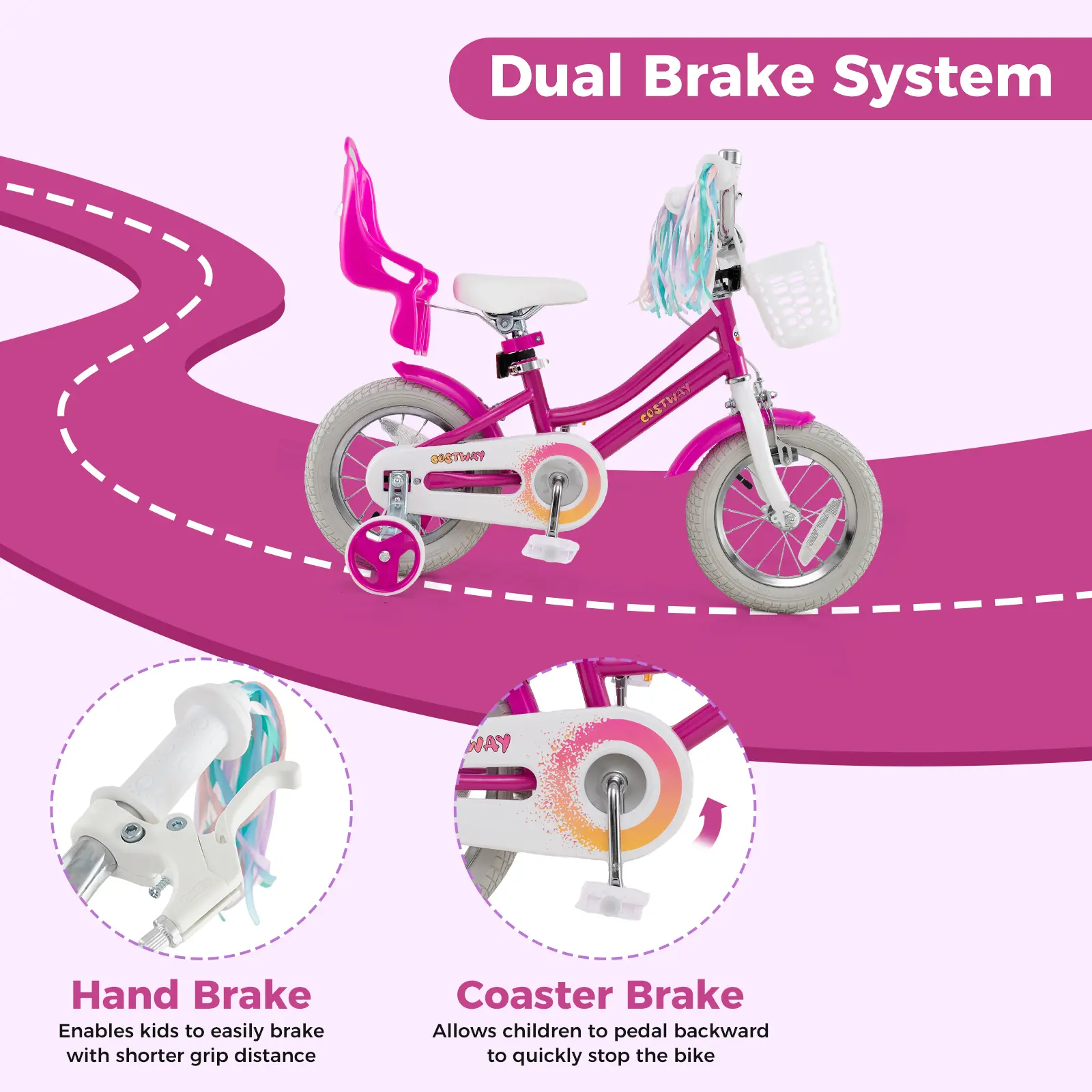 COSTWAY - Kids Bike 12 Inch with Training Wheels and 2 Brake System for 3-4 Years Old