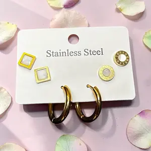 Stainless Steel Round White Roman Earring Set with Gold Hoops and Square Studs for Everyday Wear