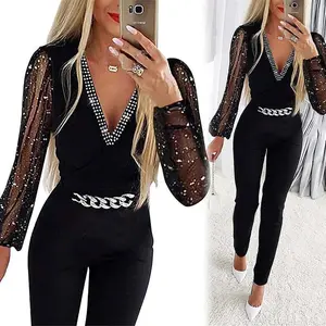 Autumn New European and American Women's Solid Color V-Neck Long Sleeve Rhinestone High Waist Professional Casual Jumpsuit