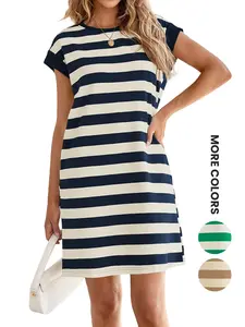 Women's Summer Casual Comfy Classy Striped Midi Dress with Pockets, Short Sleeve Loose-Fit Top, Fashionable Party Wear, Comfortable and Stylish, Womenswear