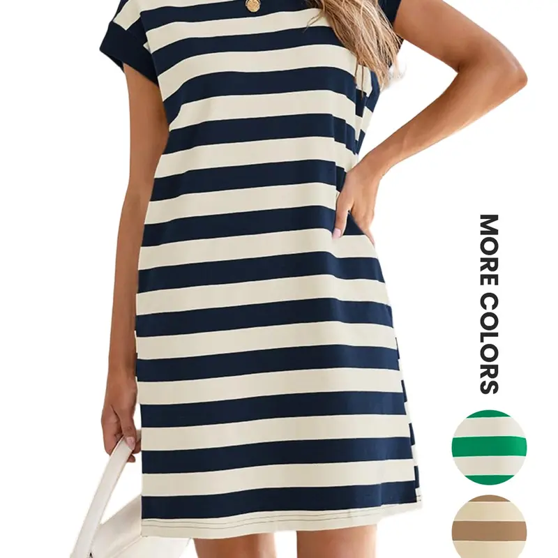 Women's Summer Casual Comfy Classy Striped Midi Dress with Pockets, Short Sleeve Loose-Fit Top, Fashionable Party Wear, Comfortable and Stylish, Womenswear
