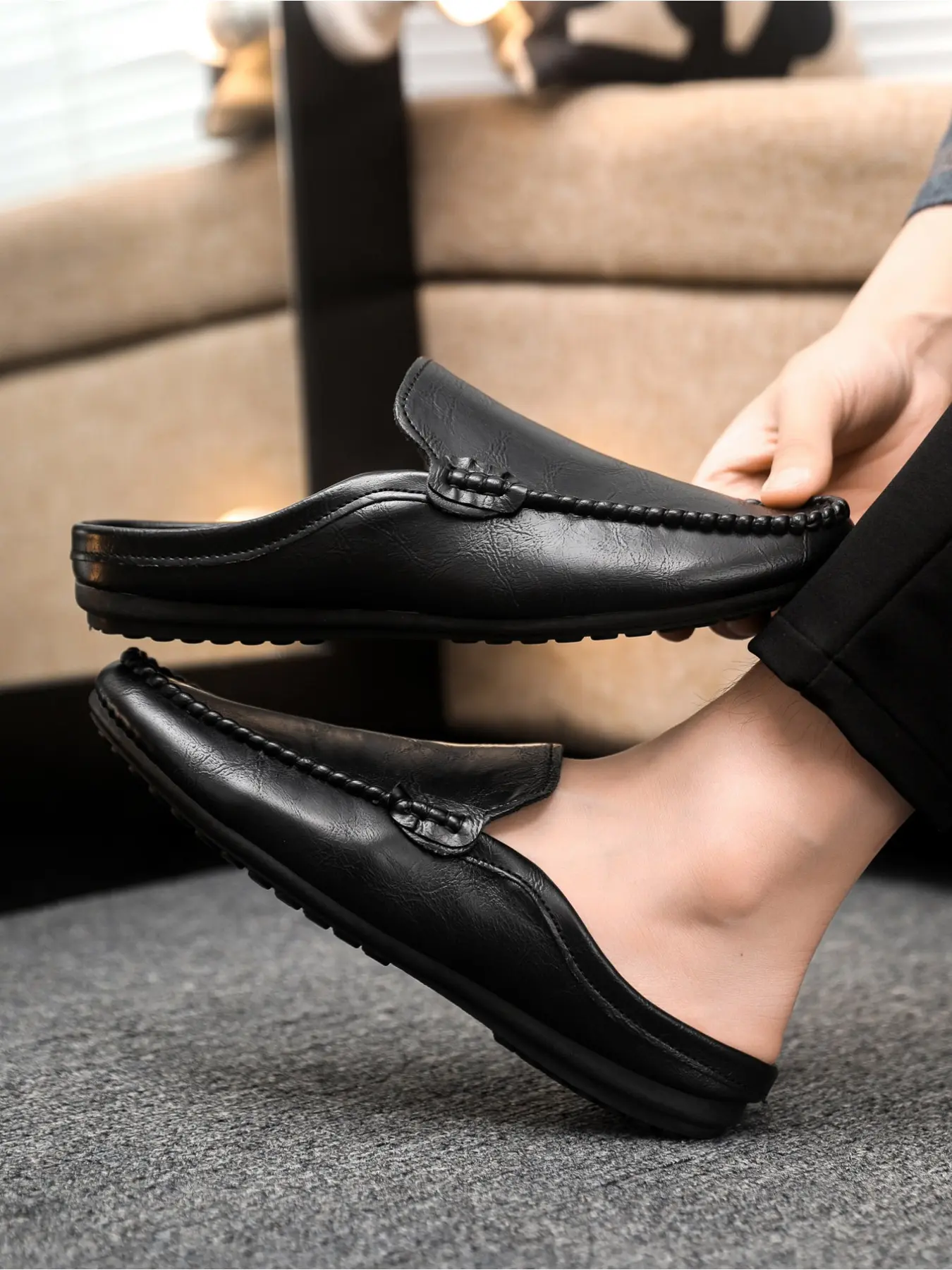 Men's new spring and summer lazy loafers, soft leather backless slip-on shoes, non-slip and wear-resistant business casual shoes