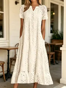 Women's Summer Eyelet Lace Midi Dress – Ruffle Sleeve Casual Dress with Notch Neck & Side Pockets, Loose Fit Tunic Dress