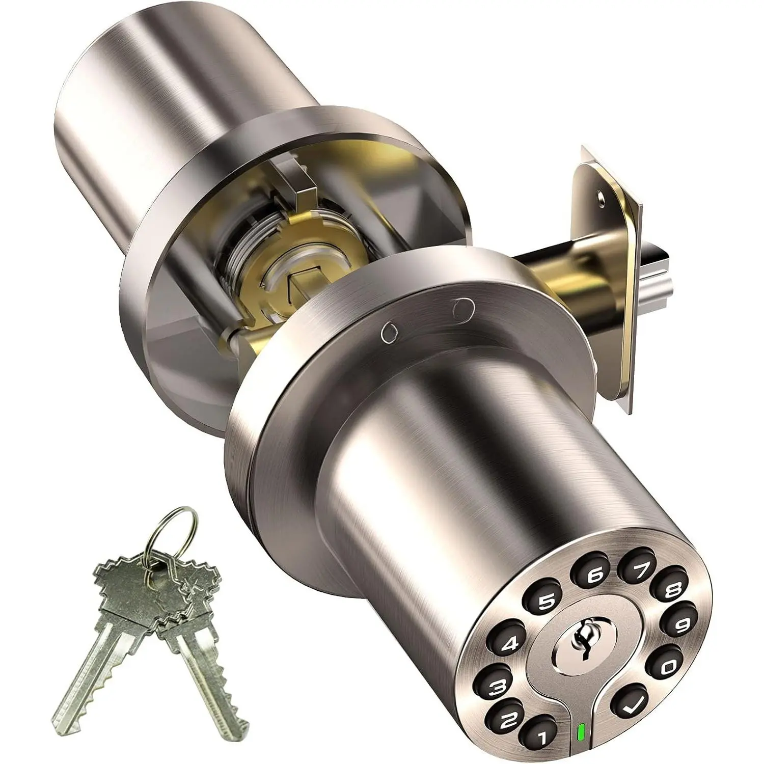 Waterproof Electronic Door Knob with Keypad and Key, Auto Lock, Satin Nickel, 50 Codes, Easy to use and install for Office/Warehouse/Bedroom/Garage