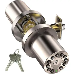 Waterproof Electronic Door Knob with Keypad and Key, Auto Lock, Satin Nickel, 50 Codes, Easy to use and install for Office/Warehouse/Bedroom/Garage