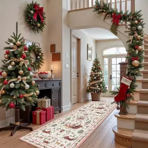 Christmas Velvet Rug with Festive Elements, Washable Long Runner Carpet for Living Room Bedroom Office Hallway, Soft Vintage Design