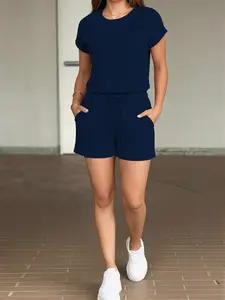 USBOUTIQUE CHIC Women's Stretchy Comfortable Two Piece Outfit Short Sleeve Top & High Waist Drawstring Shorts Casual Lounge Everyday Relaxed Fit