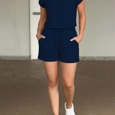 USBOUTIQUE CHIC Women's Stretchy Comfortable Two Piece Outfit Short Sleeve Top & High Waist Drawstring Shorts Casual Lounge Everyday Relaxed Fit