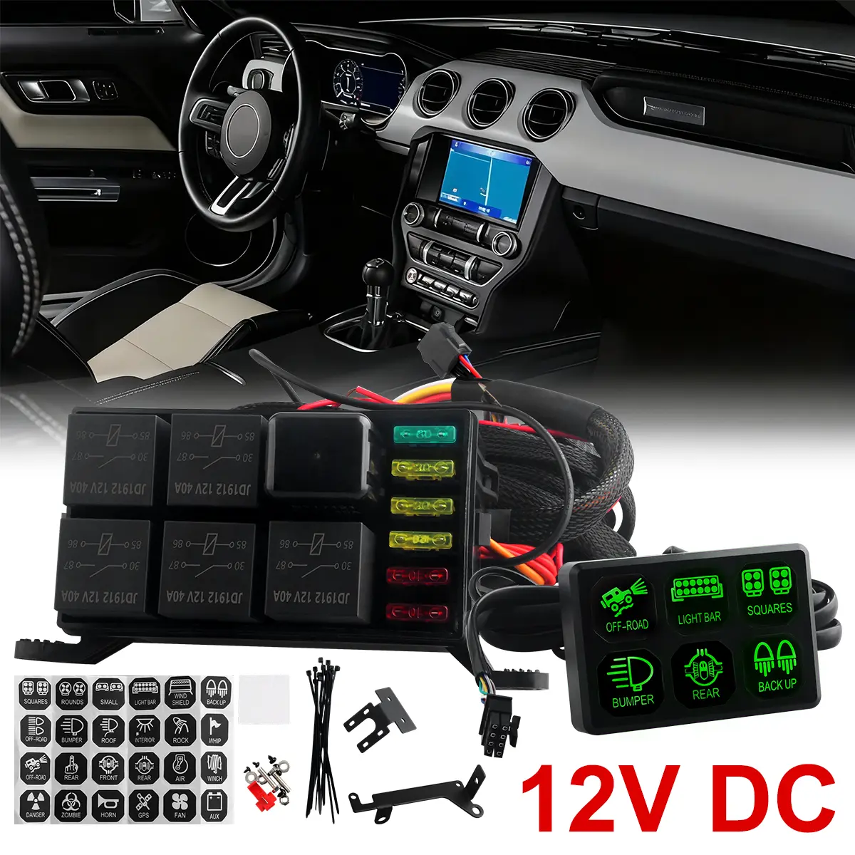 VASTFIRE 6-Gang Switch Panel with 6 Sets of Stickers, 12V/24V 960W All-in-One LED Light Bar Circuit Control Box, Green LED Backlight, Non-Waterproof, Overload/Thermal/Reverse Polarity Protection, ABS Flame Retardant Relay Fuse Box for Cars, RVs