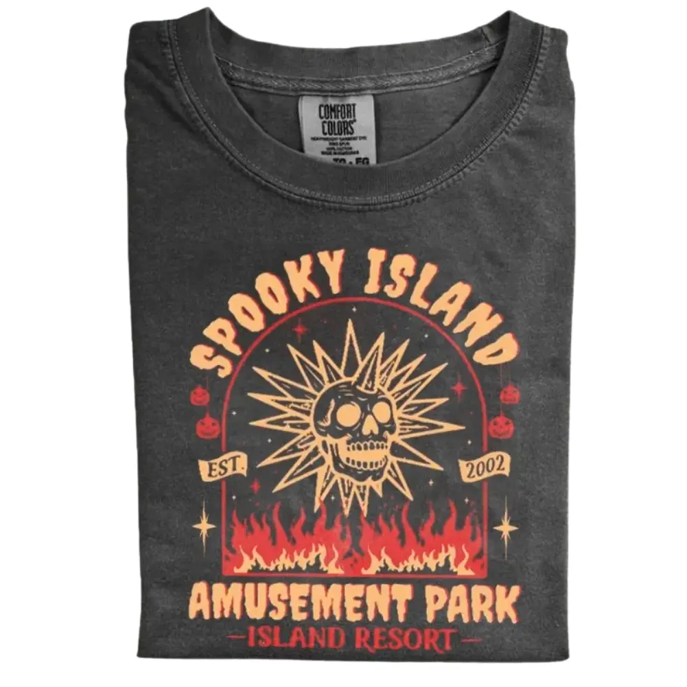 Comfort Colors SpOOky Island Amusement Park Shirt, Halloween Themed Resort T-Shirt, Skull Fire Design Tee, Spooky Island Shirt, Halloween Amusement Park Gift, Gift for Men, Gift for Women, Crew Neck T-shirt, Trending T-shirt