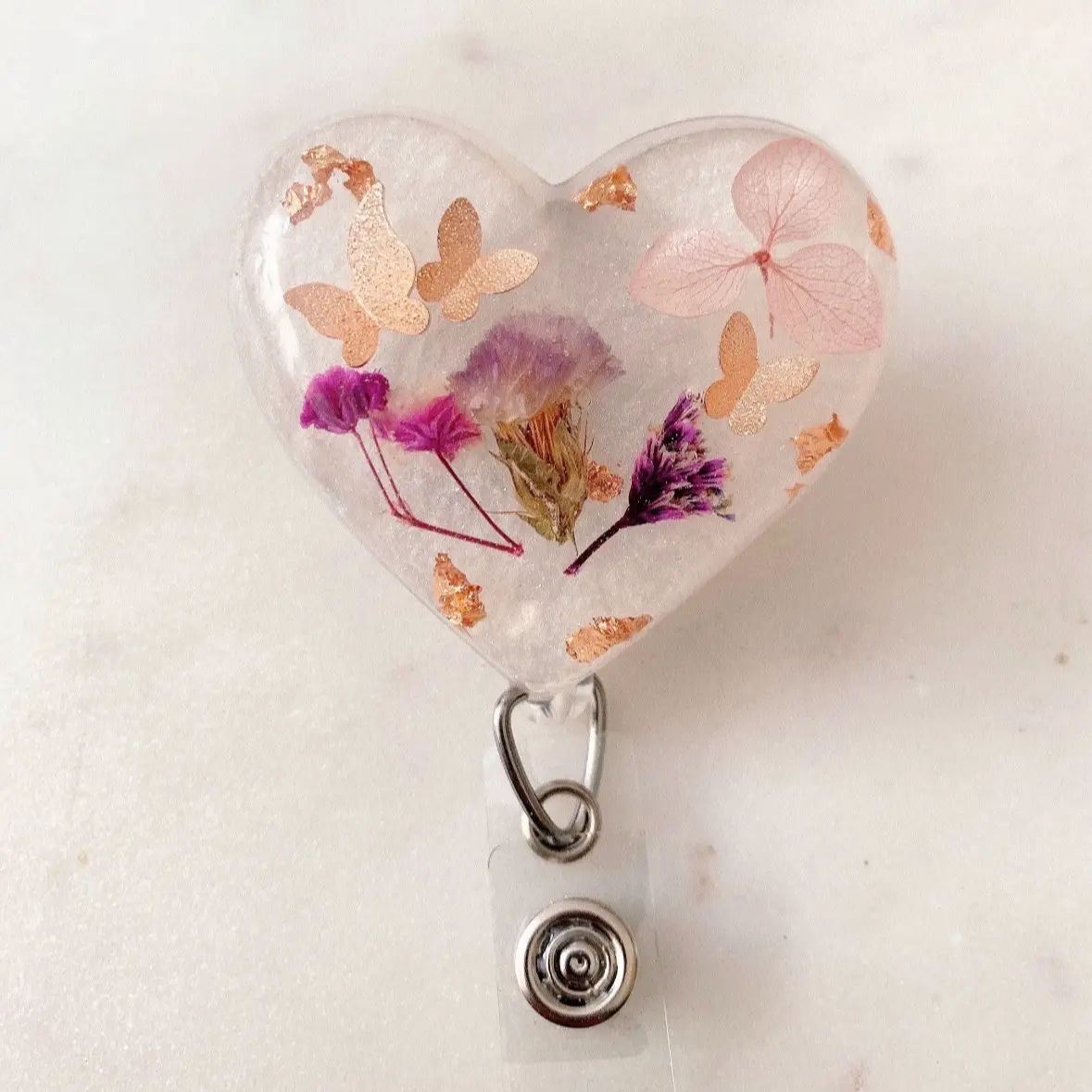 Pretty Little Palette Metallic Butterflies Dried Floral Heart Badge Reel in Rose Gold or Gold