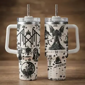 Sleep Token Tumbler 40oz Stainless Steel With Handle & Straw, Metal Band Merch Mug, Dark Gothic Aesthetic Cup, Alternative Rock Fan Gift, Black White Design Drinkware, Heavy Metal Lover Gift For Him Her, Unique Emo Grunge Style Travel Coffee Cup