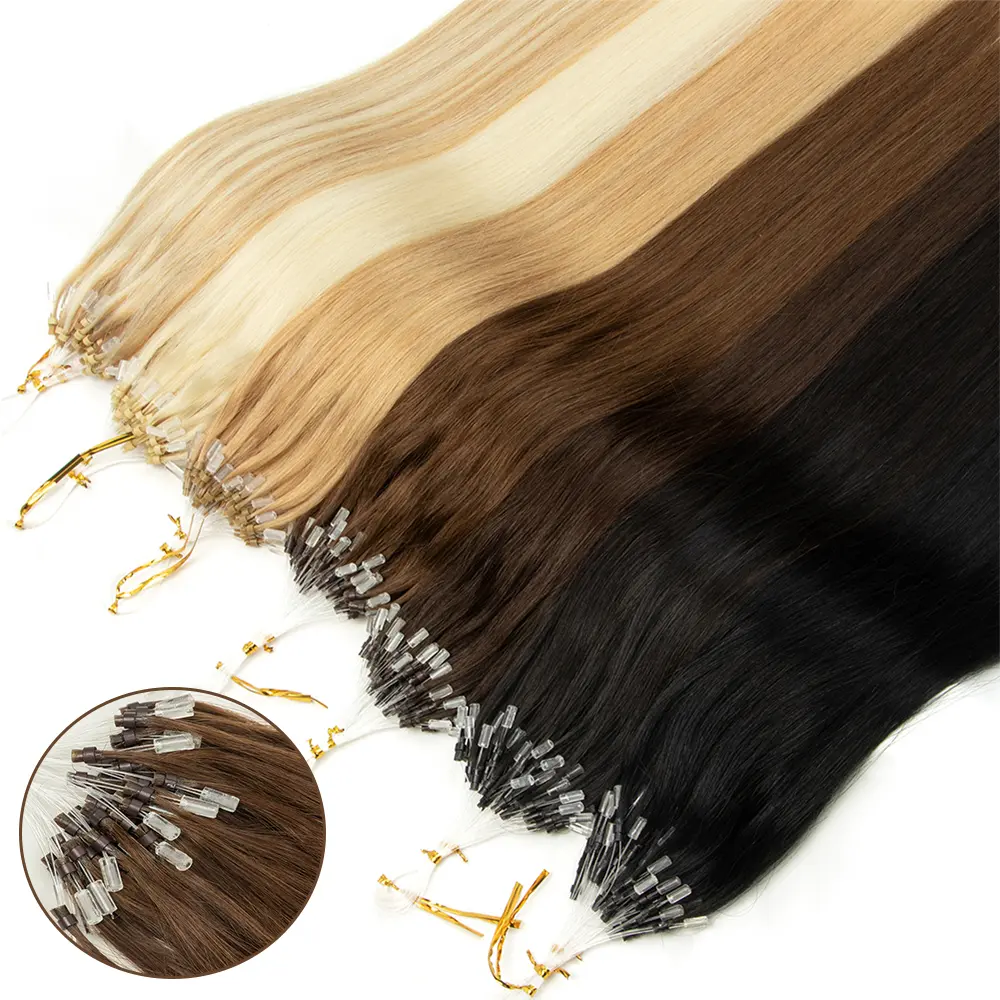Highlight Brown Blonde Remy Human Hair Micro Loop Extensions, Easy At-Home Installation, Machine-Made Natural Straight Remy Hair Bundles, 30g/Pack, 12-20in