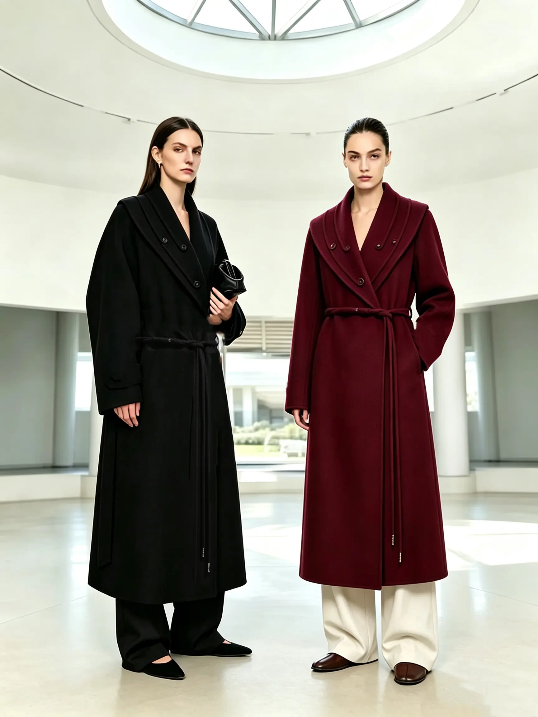 Elegant Ladies Wrap Wool Overcoat, Large Layered Lapel with Decor Buttons, Adjustable Braided Belt Waist Mid‑Calf Winter Coat for Daily & Party Occasions