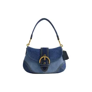 Coach Soho 27 Large Denim Blue Fabric and Recycled Leather Crossbody Bag with Wallet Compartment for Women