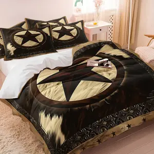 Western Cowboy Style Duvet Cover Set and 1-2 Coreless Pillowcases, Classic Five-Pointed Star Paired with Faux Cowhide Texture Background, Soft Comfortable, Hunting Style Bedroom Decor, Outdoor Culture Gift