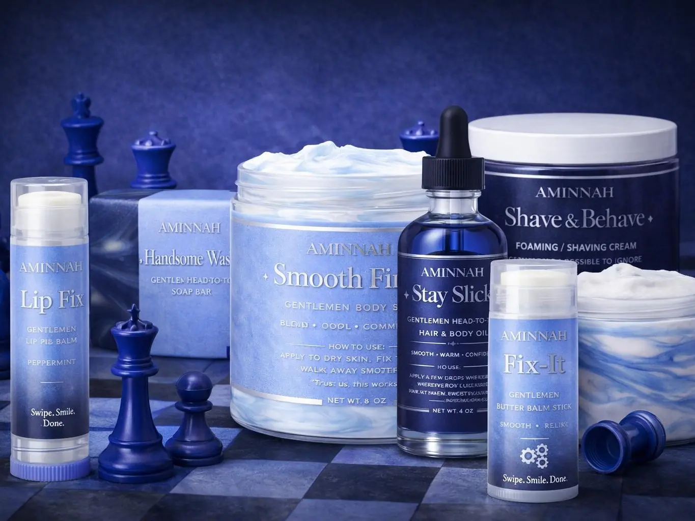 Aminnah Men's Shaving & Body Care Set - Shea & Cocoa Oil Cleanser, Shaving Cream, Sugar Scrub, Soap Bar, Body Butter Stick & Lip Balm for Smooth Skin