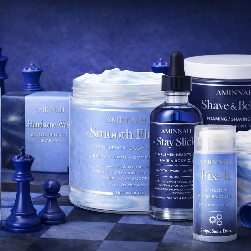 Aminnah Men's Shaving & Body Care Set - Shea & Cocoa Oil Cleanser, Shaving Cream, Sugar Scrub, Soap Bar, Body Butter Stick & Lip Balm for Smooth Skin