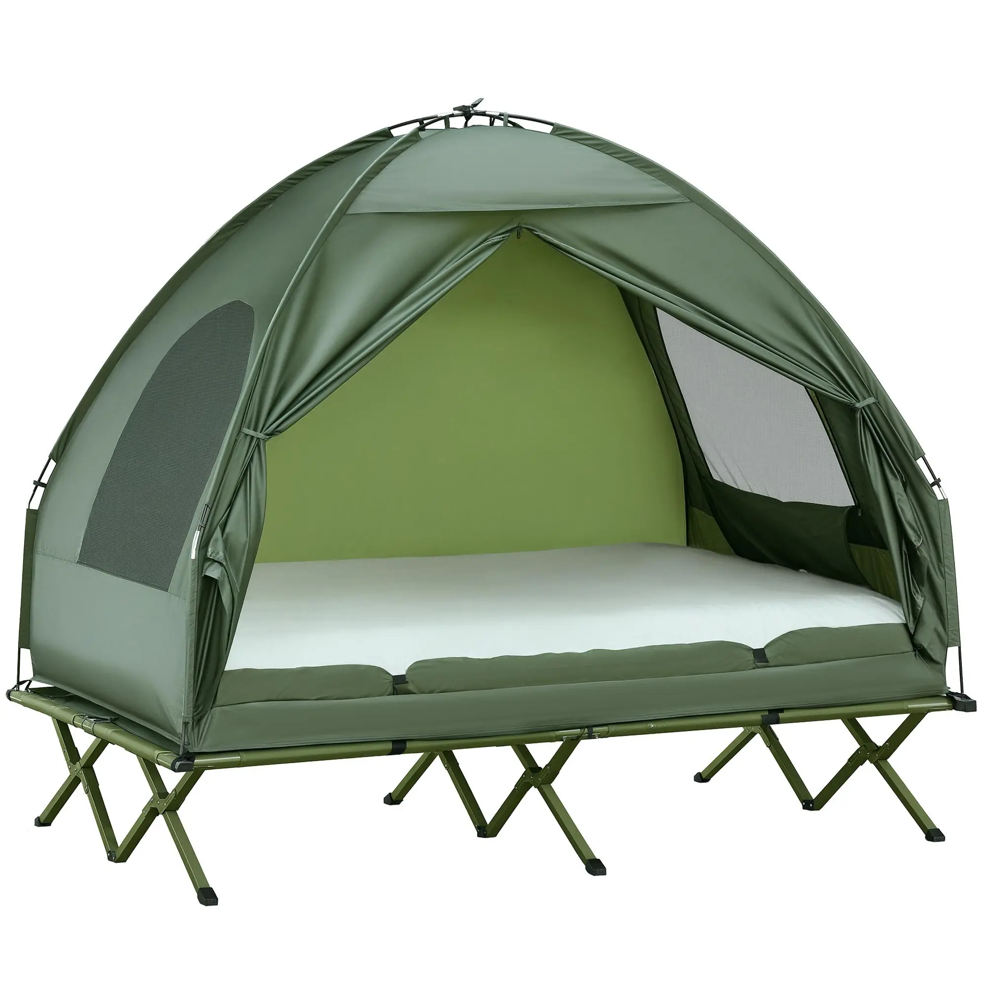 Outsunny 2-Person Tent Cot, 4-in-1 Elevated Camping Bed Combo with Air Mattress, Bed Cover, Foot Pump, Folding Off Ground Double Tent for Camping, Hiking, Backpacking
