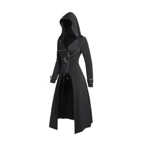 2024 Women’s Punk Gothic Hooded Coat, Solid Color Lace-Up Zip-Front Overcoat for Women, Long-Sleeve Trench Coat, Female Longline Outerwear, Black Coats