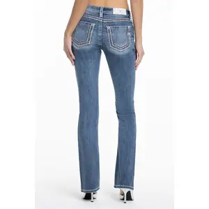 MissMe Elle Jane Bootcut Jeans - Mid-Rise Flattering Fit with White & Pink Saddle Stitching, Embroidered Back Pockets & Rhinestone Rivets, Washed Cotton Blend, Western-Inspired Blue Denim, Casual Bootcut Jeans