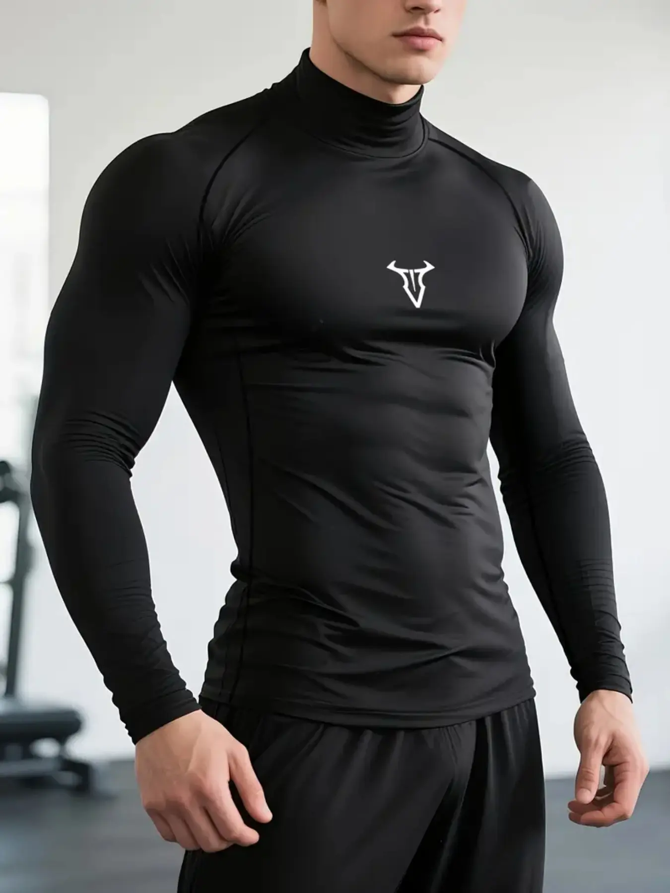 Men's High Neck Long Sleeve Compression Gym Shirt – bull Print, Moisture-Wicking & High Elastic Fabric, Geometric Pattern, Slim Fit, All-Season Sportswear for Gym, Running & Training, Fitness Top, Stretch Fabric Activewear