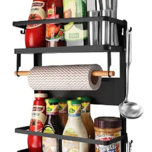 Magnetic Spice Rack for Refrigerator, Moveable Fridge Spice Organizer and Storage for kitchen Cabinet, 4 Tier Seasoning Organizer Shelf with 2 Pcs Paper Towel Holder and 5 Extra Hooks