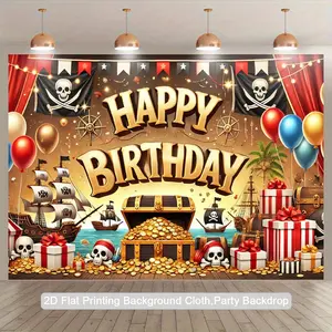 1pc Pirate Birthday Backdrop - Golden Treasure Chest, Happy Birthday Text, Pirate Flags - Golden Pirate Ship, Skull Decorations - No Electricity Needed, Easy Hang Tapestry for Indoor/Outdoor Parties, Photo Booth, Birthday Decorations - Birthday Party